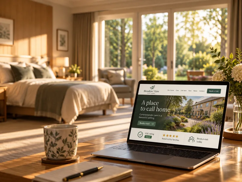 Care home bedroom with laptop showing a care home website and book a visit button