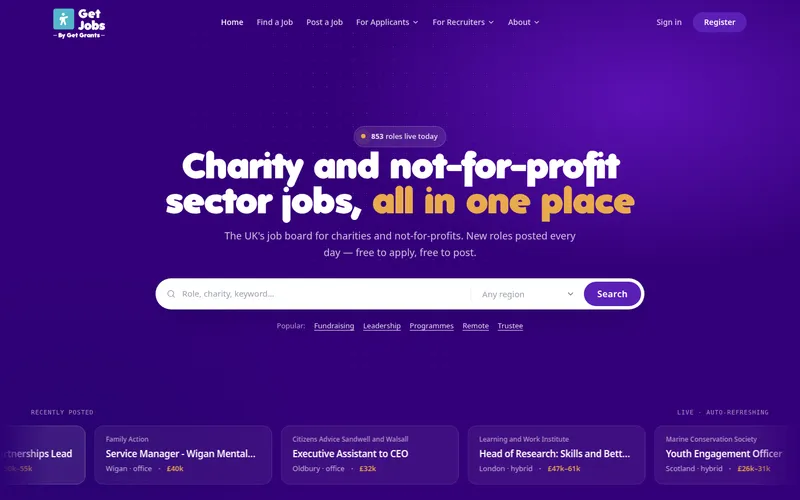 The Get Jobs homepage: charity and not for profit sector jobs, all in one place, with search by role and region
