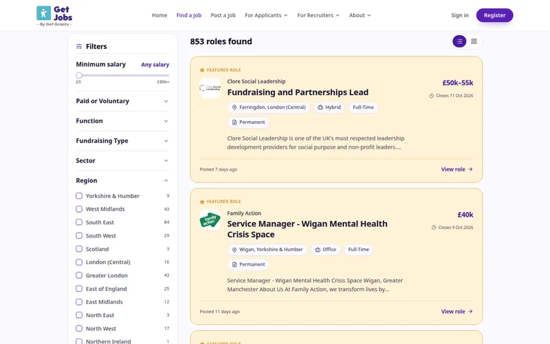 The Get Jobs listings page with salary, sector and region filters beside featured charity roles