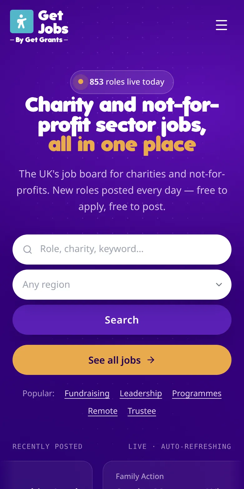 The Get Jobs homepage on a phone