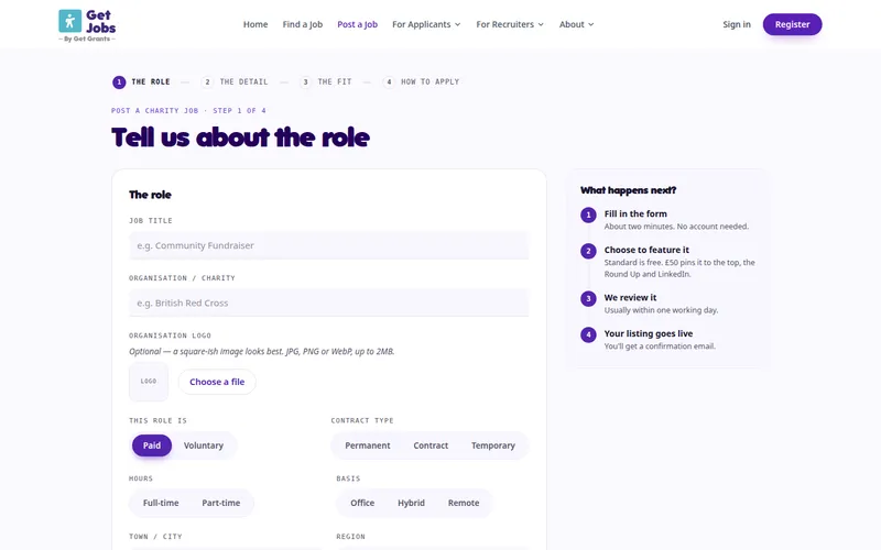 The Get Jobs post a job form, step one of four, with what happens next beside it
